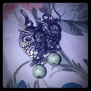 Owl Shaped Silver and Green Earrings